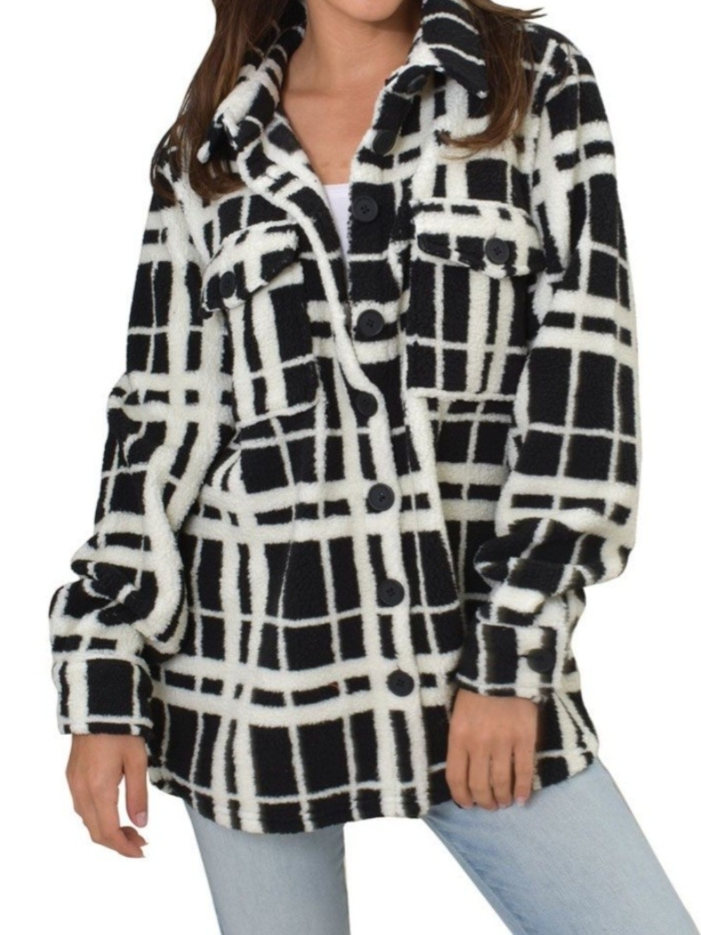 Black & White Plaid Teddy Shacket - Women's Cozy Button-Up